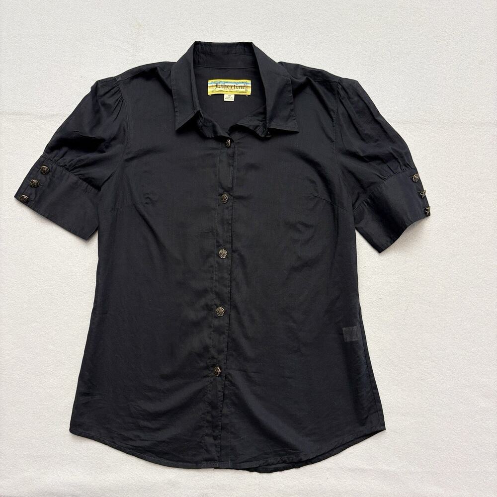 Libertine Target Black Vintage 2007 Puff Sleeve Rose Button Blouse Black Size M